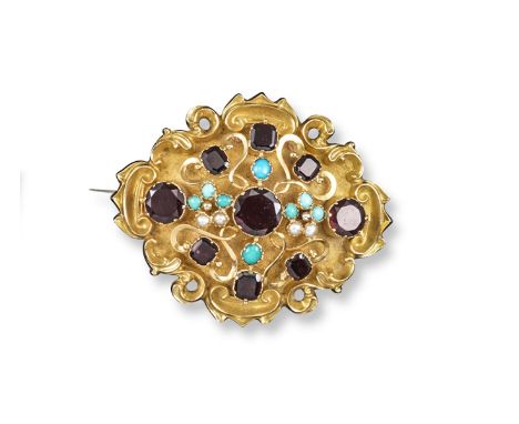 A Victorian gold brooch, set with garnets, seed pearls and turquoise within gold scrolling surround. Glazed locket compartmen