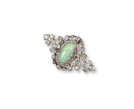 An early 20th century opal and diamond-set brooch, the oval-shaped cabochon white opal is set within a surround of rose-cut d