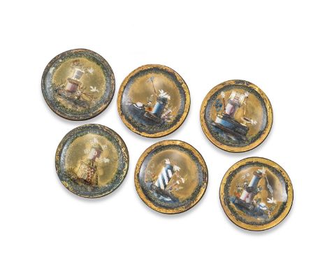 A set of six early 19th century glazed buttons, each decorated with rural scenes and all including doves. Possibly French. Ea