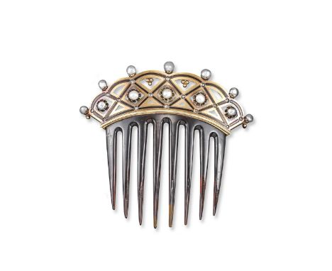 An antique tortoiseshell pearl and enamel hair comb, the tortoishell comb surmounted with a coronet style enamel and pearl mo