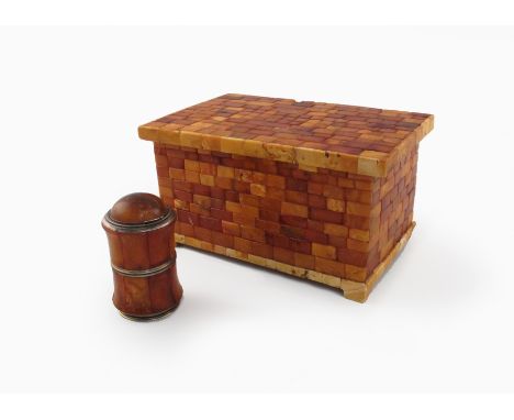 An amber mounted capstan-shaped continental silver inkwell, the body mounted with rectangular panels and a hemispherical sect