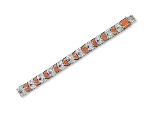 An Art Deco coral, diamond, onyx and enamel bracelet, of geometric design. The stylised panels alternately millegrain set wit