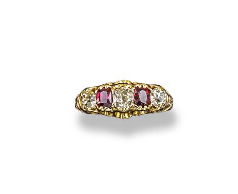 A ruby and diamond five stone ring, alternately mounted with old cushion cut diamonds and two rubies, in yellow gold. Size K 