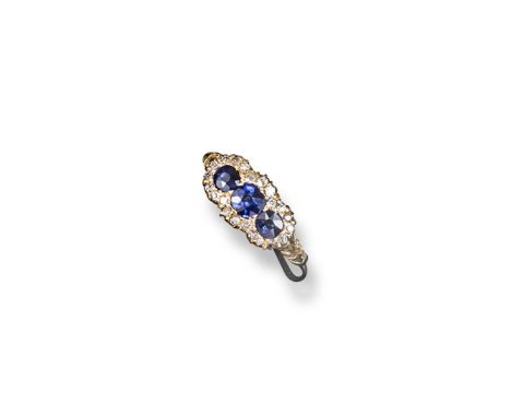 A Victorian sapphire and diamond triple cluster ring, the three circular cut sapphires are set within a surround of circular 