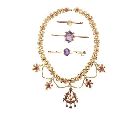A ruby and pearl set gold foliate necklace, suspending five ruby-set gold pendants with adjoining gold chains. A cushion shap