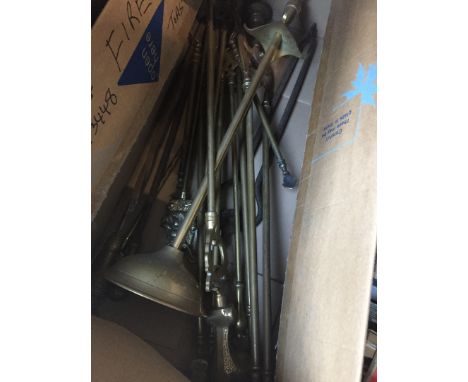 Box of brass fireside tools 