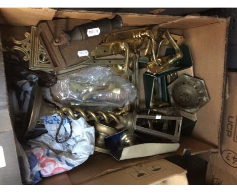 A box of brassware including a table lamp 