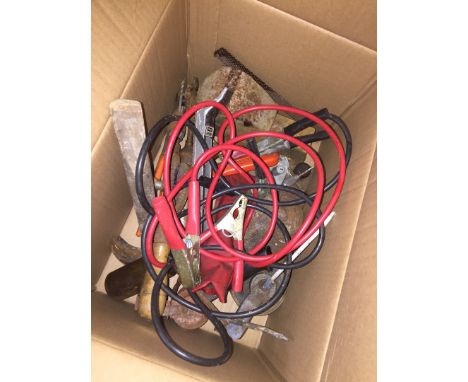 A box of misc tools including a large vice 