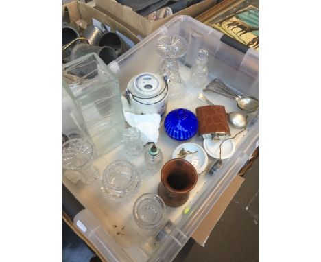 A crate of glass, Chinese teapot, hip flask etc. 