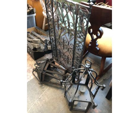 Metal items comprising a fire screen, two wall lights and a lantern. 