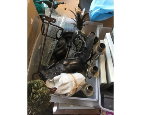 A box of ornaments and candelabra 