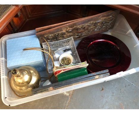 A box of misc including a lamp, carved panels etc. 