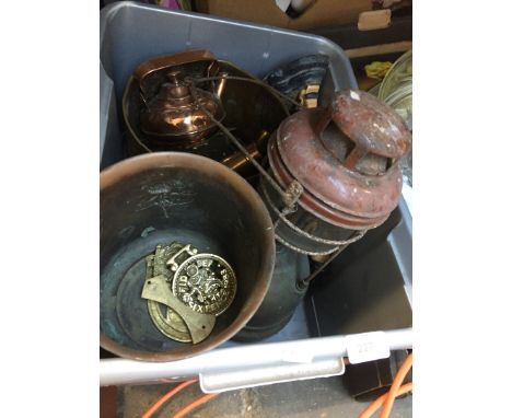 A box of copper and a tilley lamp 