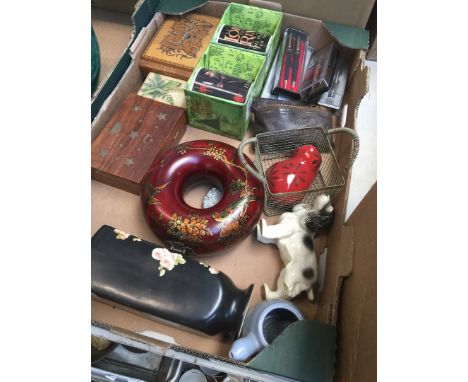 A box of misc including wooden trinket boxes, vases, Parker pens 