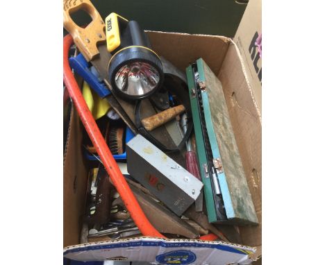 A box of tools, saws, plane, drill bits, socket set, etc 