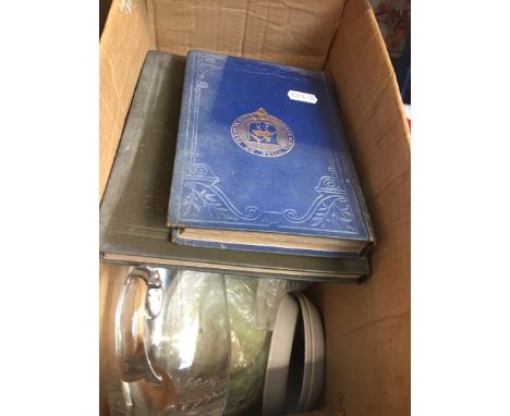 A box containing Preston Guild pottery / mugs and books including 1922 teapot 