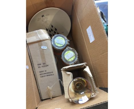 A box of misc pottery and glass items including glass candlestick holders and jars 
