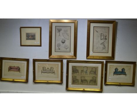 Pictures and Prints - a framed print, French 18th century salon sofa, framed; others similar; Astrological prints, framed 