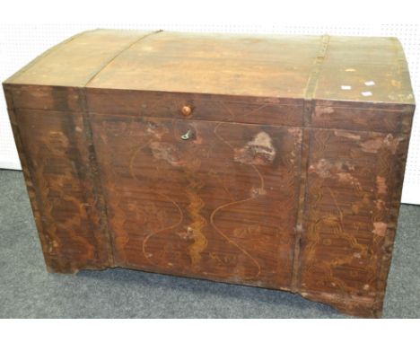 A large dome topped scumbled pine metal bound chest, bracket feet. 79cm high x 122cm wide x 69cm deep.
