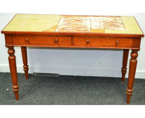 A Victorian pine two drawer side table, button handles, turned , tapering legs.