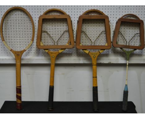 Sporting Interest - two Spalding golden apron tennis rackets with Dunlop presses; a flash tennis racket; a Dunlop badminton r