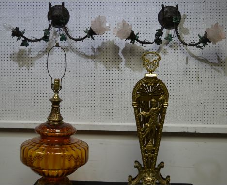 An Amber glass andd gilt metal table lamp;  a peacock fan fire screen;  a pair of two branch wall lights (4)