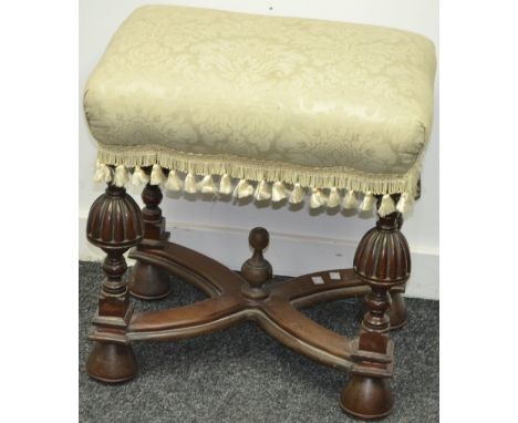 A Victorian stool, padded top, turned and reeded legs, X-frame stretchers, turned under-finial.