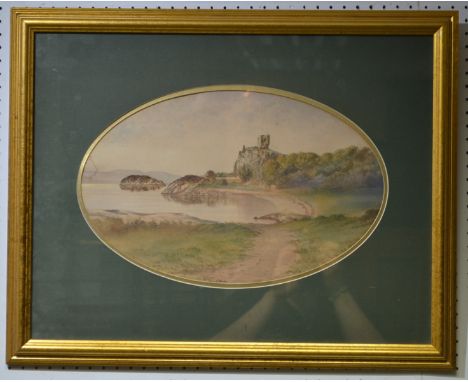 T R Swinburne, R.M.ADunollie Castlewatercolour, label to verso, 28cm x 43cm (oval)