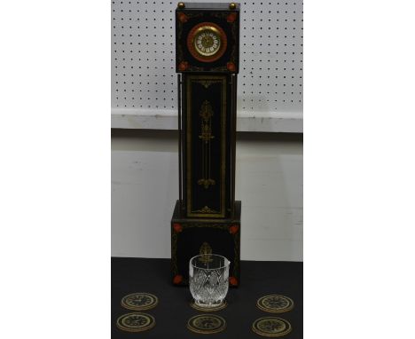 A novelty kitsch miniature longcase clock whiskey or brandy bottle presentation box, base compartment fitted with a cut glass