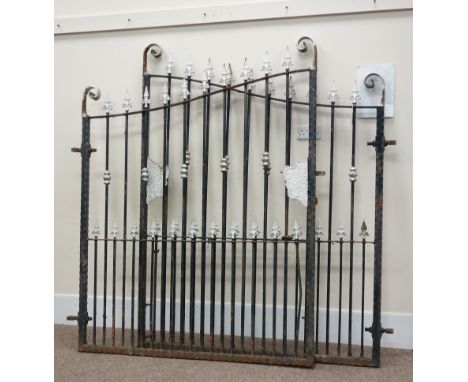 Pair large 19th century wrought metal driveway gates, with gate posts, W295cm, H191cm   Condition Report   Click here for fur