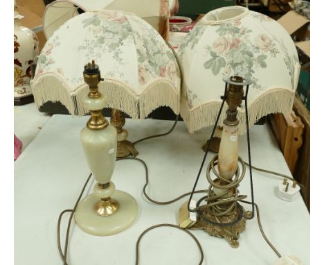 A pair of matching onyx and metal lamp bases together 2 non matching marble style lamp bases (4). 