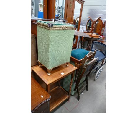 An assortment of smaller furniture items to include, 2 glass toped Lloyd Loom baskets, reproduction barley twist side table, 