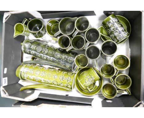 Portmeirion Totem coffee set designed by Susan Williams-Ellis in dark green glaze and another similar one in light green glaz