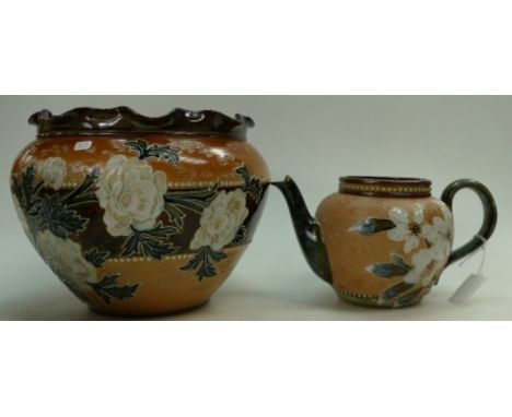 Royal Doulton Lambeth stoneware Jardiniere with crinkled edge and decorated with flowers, diameter 24cm and a similar decorat