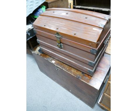 Early 20th Century tin dome topped travel trunk with brass locks and a stained pine chest (2)