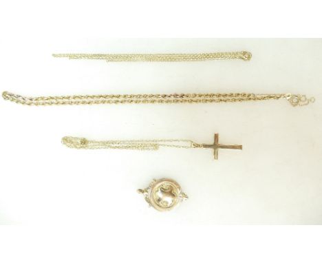 Group of 9ct gold hallmarked and yellow coloured metal jewellery.  Rose gold fob medallion, rope chain, double chain & cross,