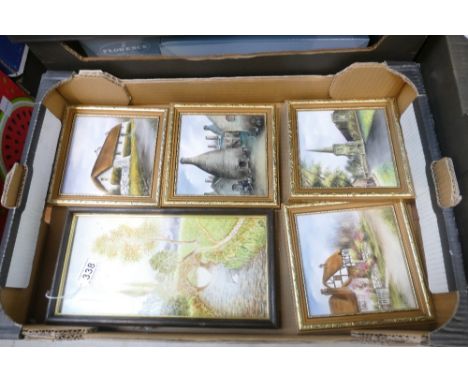 A collection of H. Betteley framed hand finished ceramic tiles with local interest depictions (5)