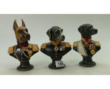 Goebel pottery stylised dogs in military uniform by Thierry Poncelet titled Vom Blackweter, Le Grand Vainqueur, Le Grand Mare