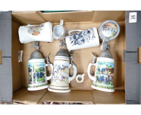 A mixed collection of ceramic items to include - 20th Century reproduction German Steins, together with some older commemorat