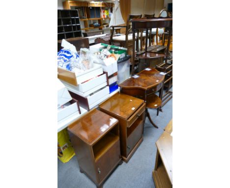 An assortment of furniture to include 2 similar walnut veneer bed side cabinets, regency style oval x banded occasional table