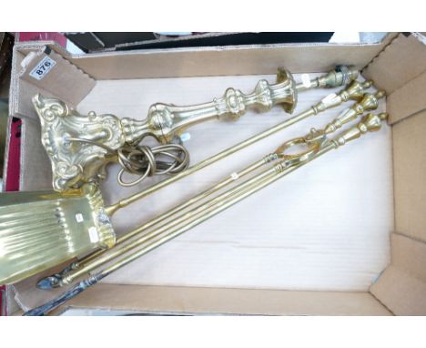 Brass fire dogs, together with brass lamp base 50cm (4)