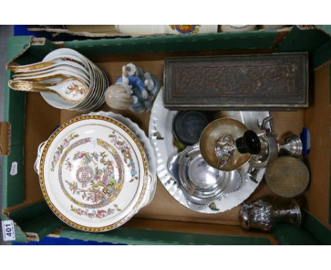 A mixed collection of ceramic items to include - silver plated trophies carved wooden pen/brush box, Lladro type figure of a 