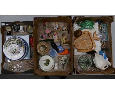 Three trays containing Wedgwood Jasperware, Leonardo resin figures, various plates, silver salt spoons, plated and mother of 
