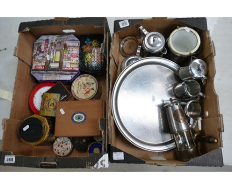 A mixed collection of metal ware items to include ministry of Energy Eccles miner type lamp, oak cased biscuit barrel, decora