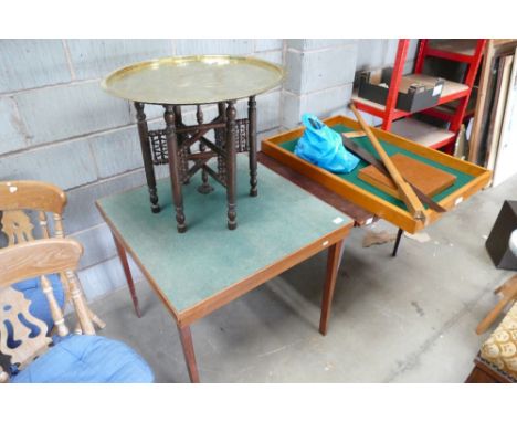 2 vintage card tables, one with retractable ash trays, and a Benares brass topped collapsible table (3)