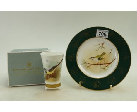 Royal Worcester hand painted Ventura plate ( 20.5cm diameter) together with a vase decorated with a yellow wagtail (no backst