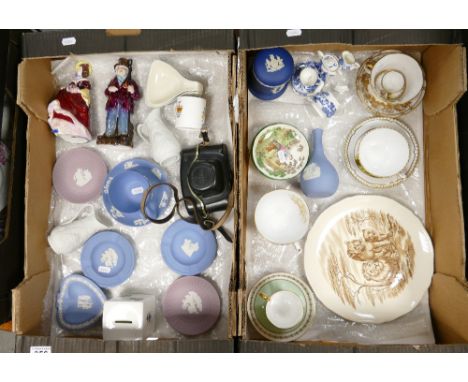 A collection of pottery including Coalport character figures, Wedgwood jasperware,miniature Coalport tea set, Halina camera, 