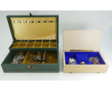 Two jewellery boxes containing a quantity of old costume jewellery , silver items, inc ingot and chain