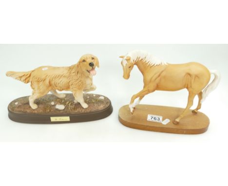 Beswick Matte Palomino Horse on wood plinth and Beswick The Retriever on oval ceramic base. (2)