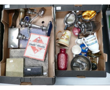 2 trays including pewter miniature boots, musical jug, tea service, cigarette box, candelabra, boxed sets cutlery etc.